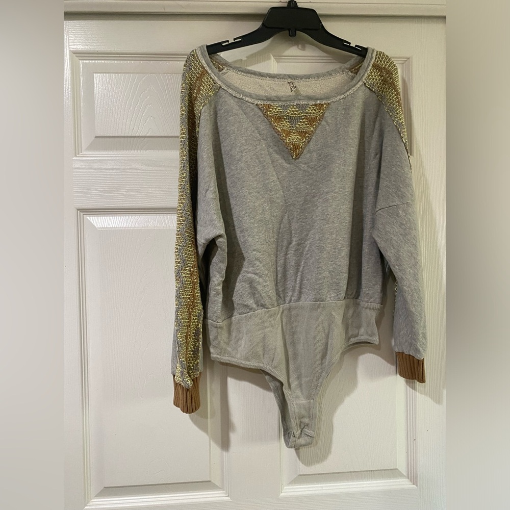 Free People Side Eye Sweater Bodysuit, Grey, Size X-Large‎